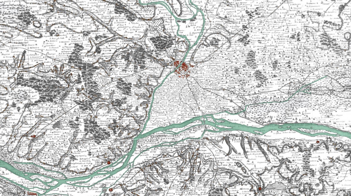 Angers et la confluence de la Maine et de la Loire. Carte dite de Cassini, vers 1770